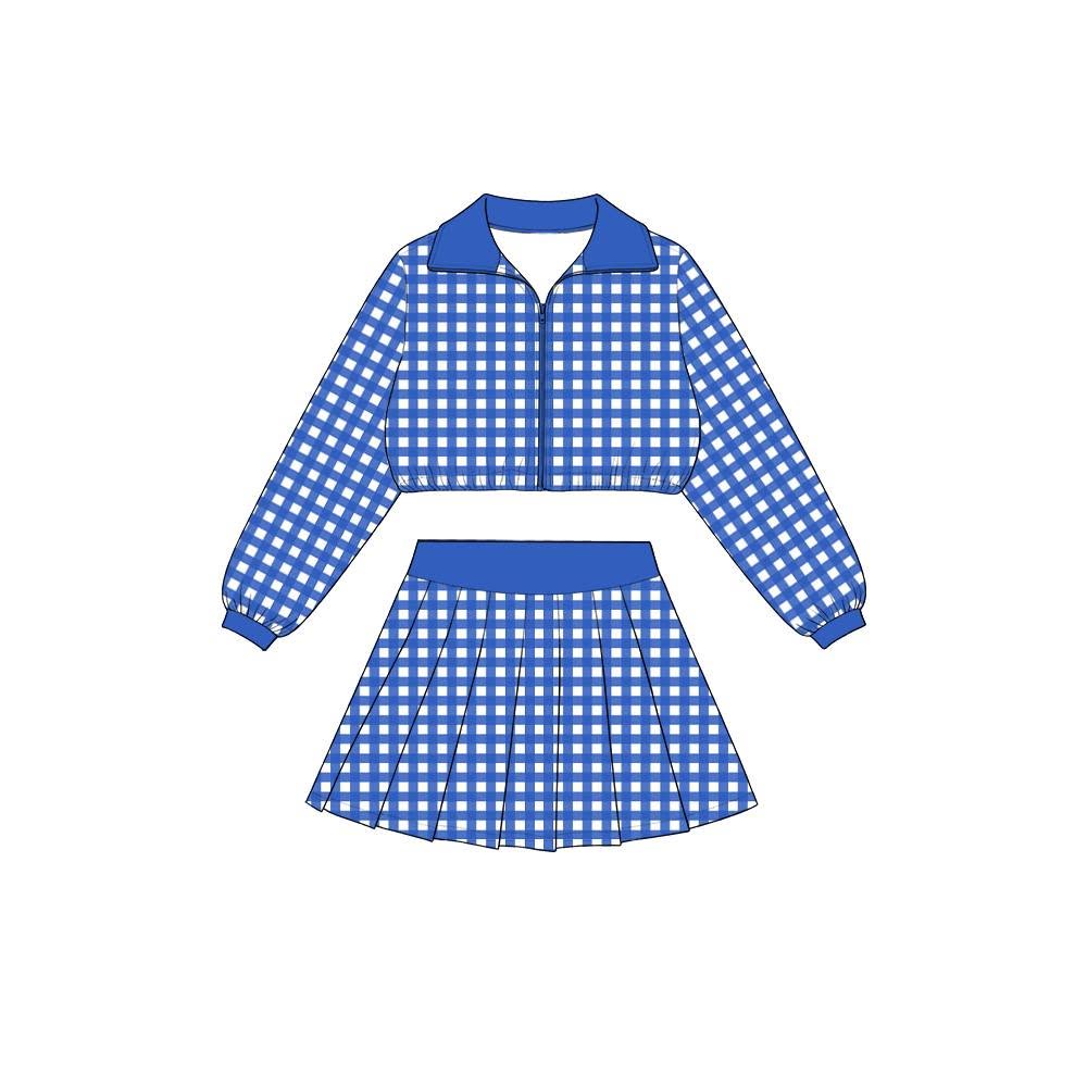 (Preorder new) No moq Yoga Baby Girls Checked Zip Jacket Top Pleated Skirt Yoga Active Clothes Set