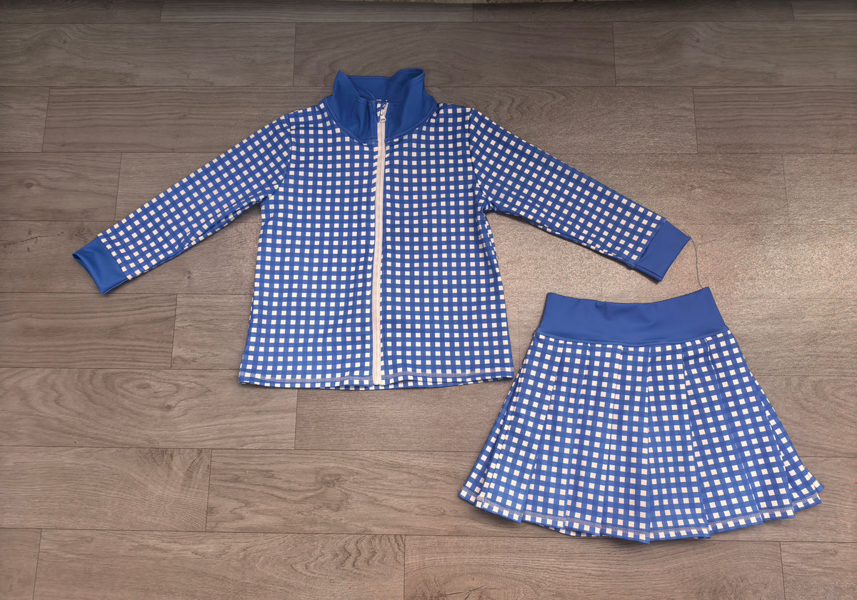 (Sample) No moq yoga fabric GLD1744 Yoga Baby Girls Blue Check Zip Jacket Matching Skort Outfit