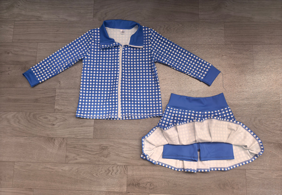 (Sample) No moq yoga fabric GLD1744 Yoga Baby Girls Blue Check Zip Jacket Matching Skort Outfit