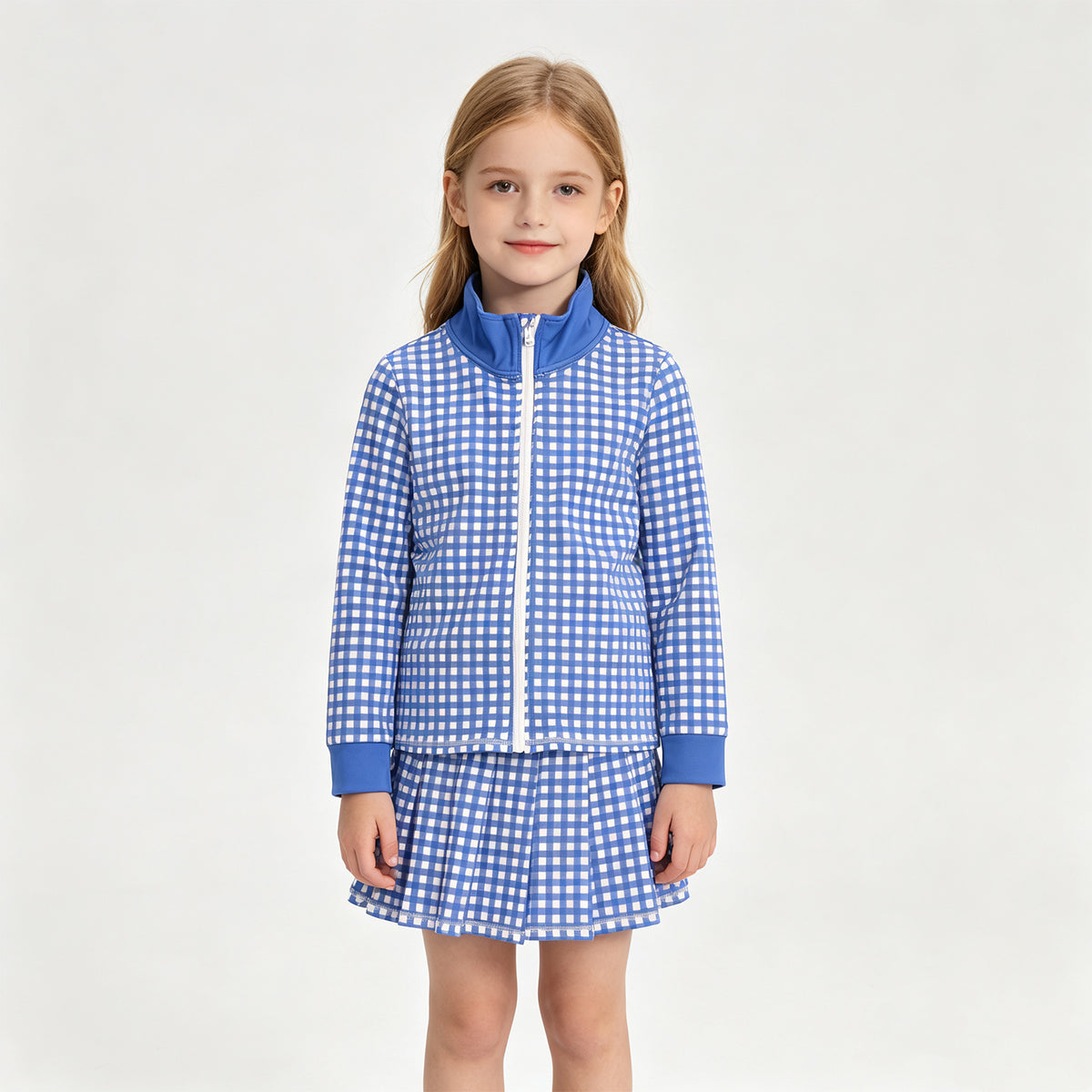 (Sample) No moq yoga fabric GLD1744 Yoga Baby Girls Blue Check Zip Jacket Matching Skort Outfit