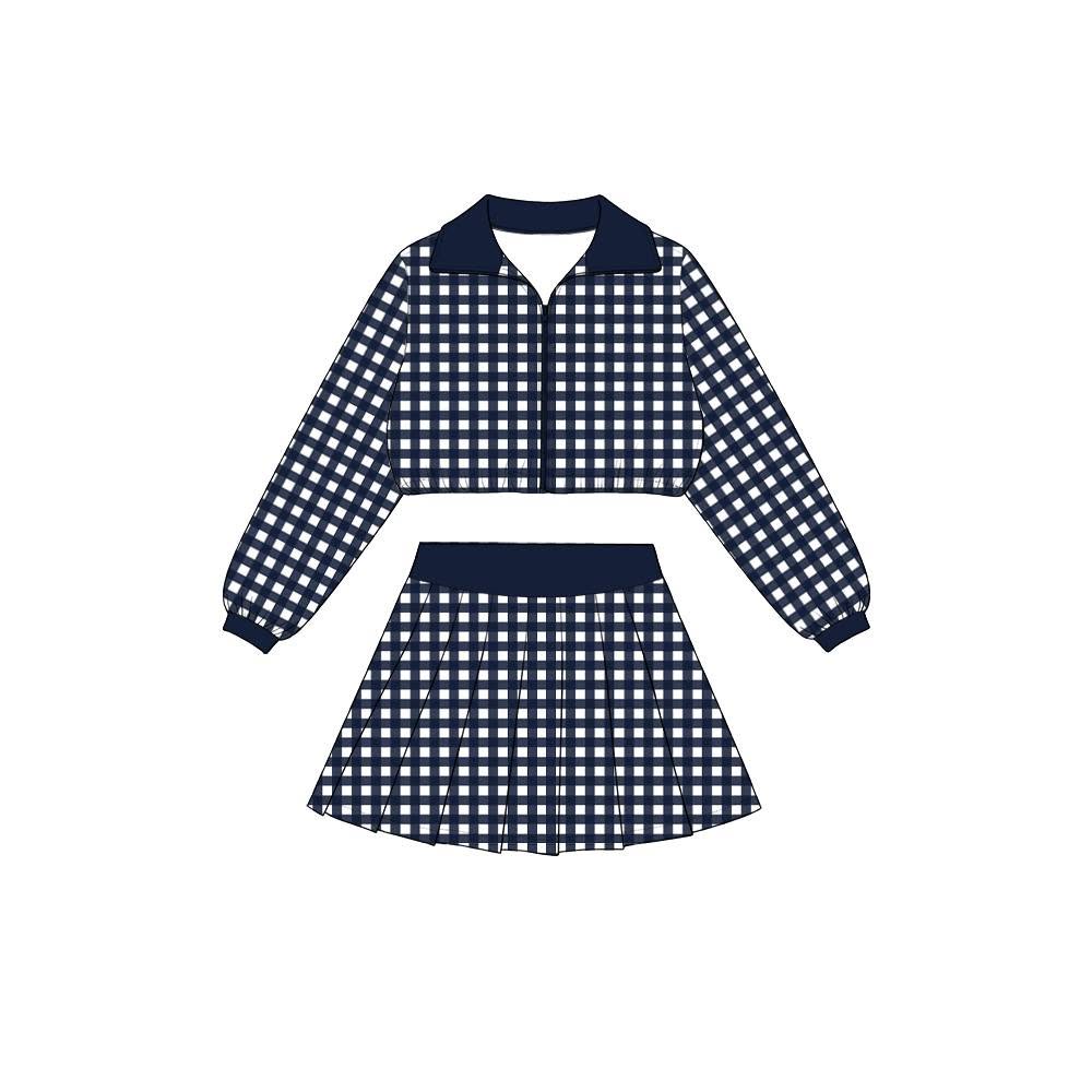 (Preorder new) No moq Yoga Baby Girls Checked Zip Jacket Top Pleated Skirt Yoga Active Clothes Set