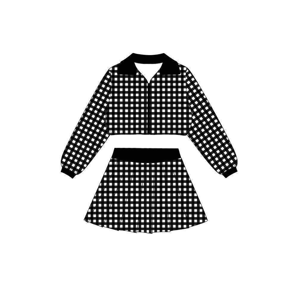 (Preorder new) No moq Yoga Baby Girls Checked Zip Jacket Top Pleated Skirt Yoga Active Clothes Set