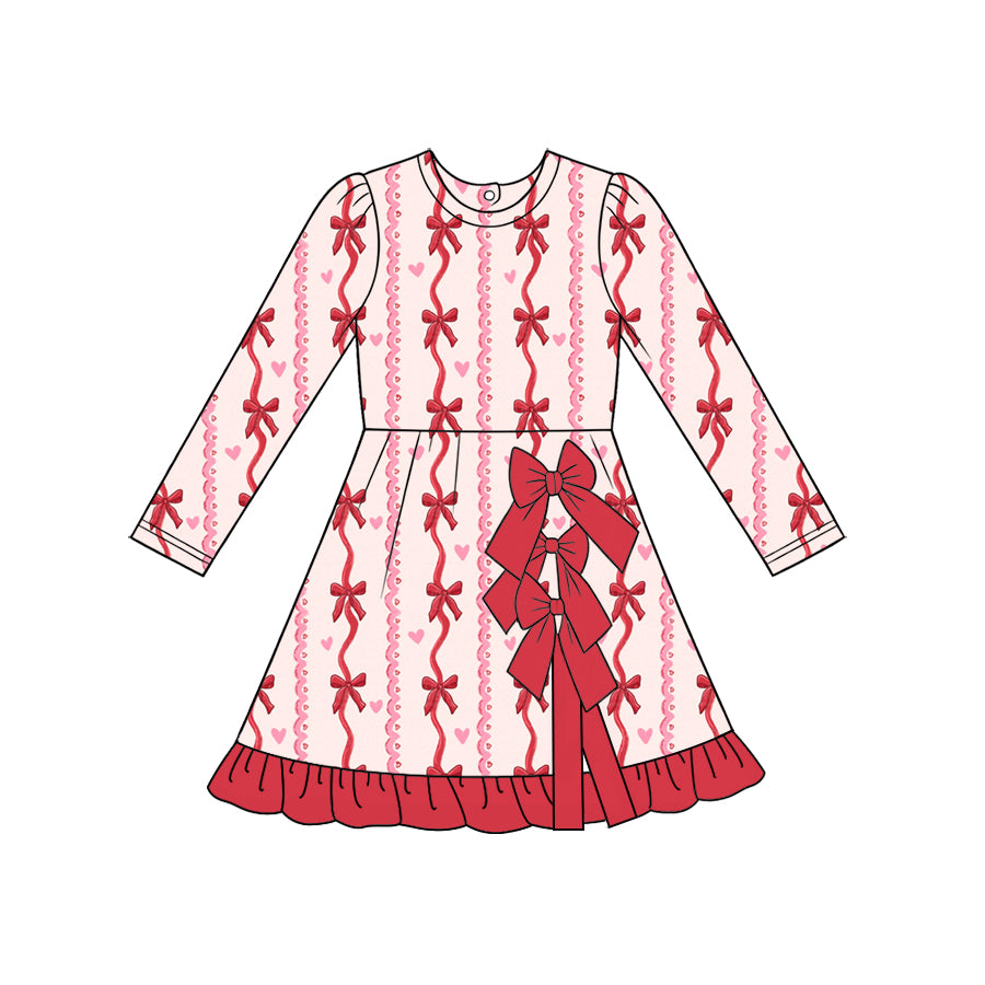 (Preorder new) No moq GLD1749 Yoga Baby Girls Valentines Day Long Sleeve Dress Bow Heart Print Bow Ruffle Hem Yoga Active Dress