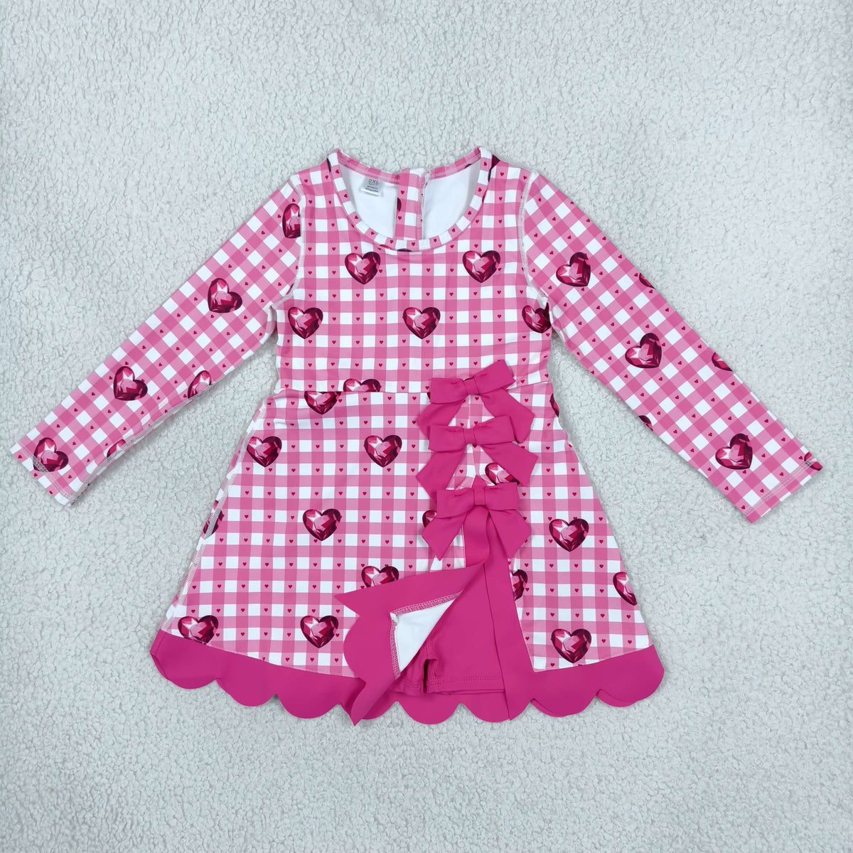 NEW RTS NO MOQ yoga fabric GLD1750 Yoga Baby Girls Valentines Day Long Sleeve Dress Checked Heart Print Bow Ruffle Hem Yoga Dress