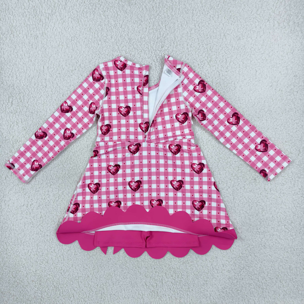 NEW RTS NO MOQ yoga fabric GLD1750 Yoga Baby Girls Valentines Day Long Sleeve Dress Checked Heart Print Bow Ruffle Hem Yoga Dress