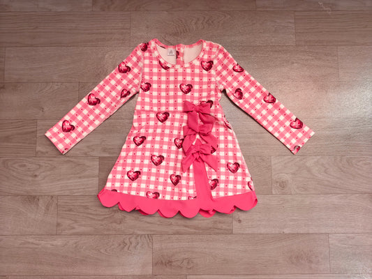(Sample) No moq yoga fabric GLD1750 Yoga Baby Girls Valentines Day Long Sleeve Dress Checked Heart Print Bow Ruffle Hem Yoga Active Dress