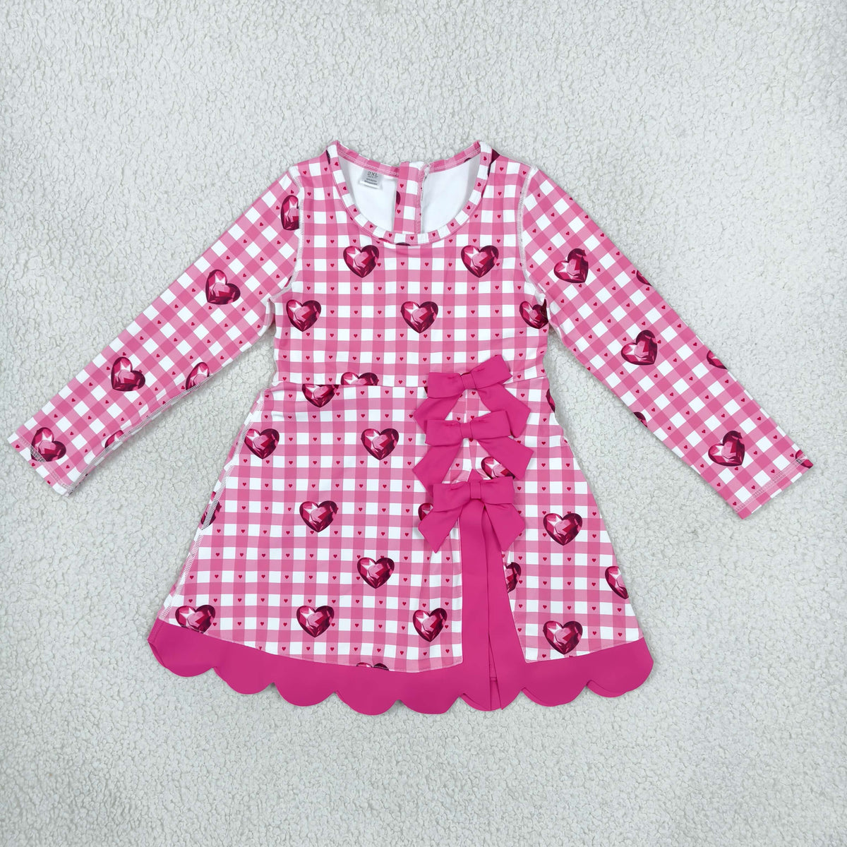 NEW RTS NO MOQ yoga fabric GLD1750 Yoga Baby Girls Valentines Day Long Sleeve Dress Checked Heart Print Bow Ruffle Hem Yoga Dress