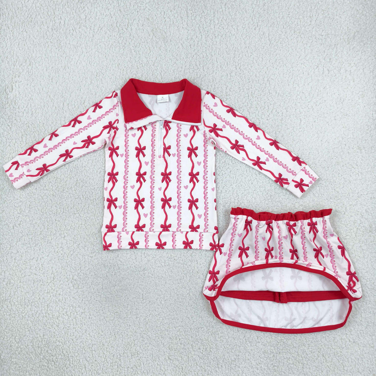 NEW RTS NO MOQ milk silk GLD1751 Baby Girls Bows Hearts Zip Pullover Top Skirt Short Valentines Clothes Set