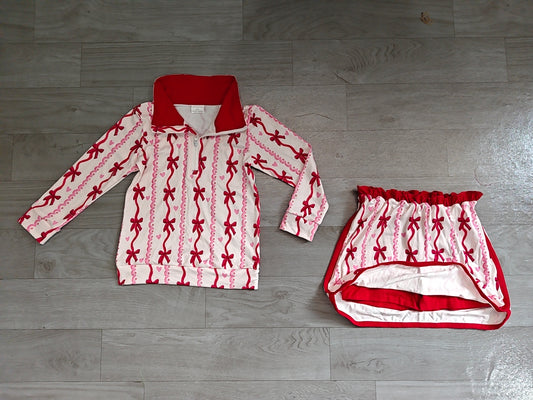 (Sample) No moq milk silk GLD1751 Baby Girls Bow Heart Print Zip Pullover Skirt Short Valentines Day Outfits