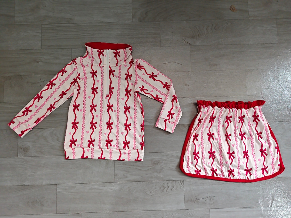 (Sample) No moq milk silk GLD1751 Baby Girls Bow Heart Print Zip Pullover Skirt Short Valentines Day Outfits