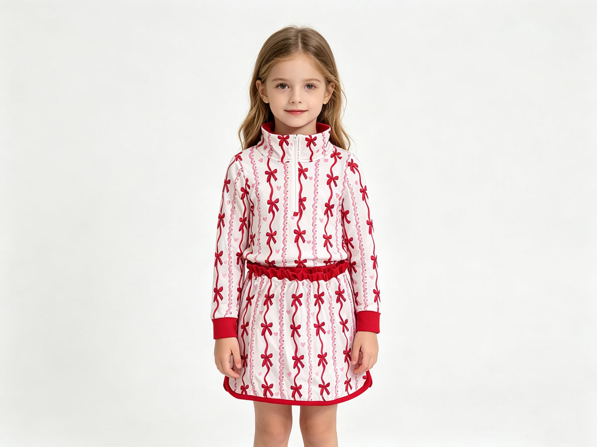 (Sample) No moq milk silk GLD1751 Baby Girls Bow Heart Print Zip Pullover Skirt Short Valentines Day Outfits