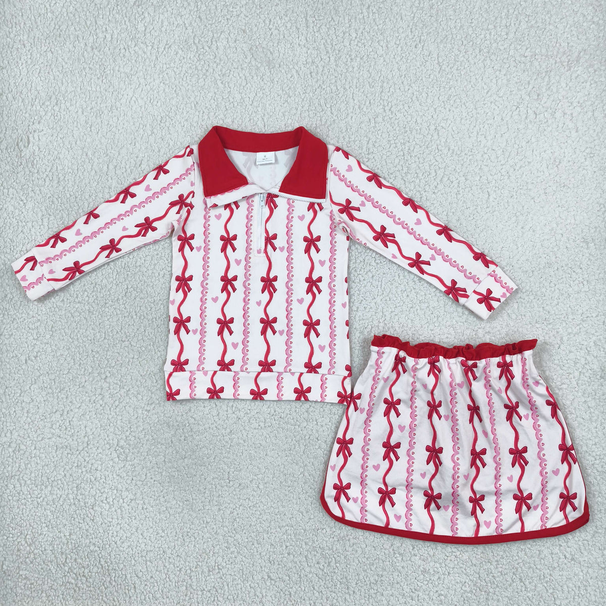 NEW RTS NO MOQ milk silk GLD1751 Baby Girls Bows Hearts Zip Pullover Top Skirt Short Valentines Clothes Set