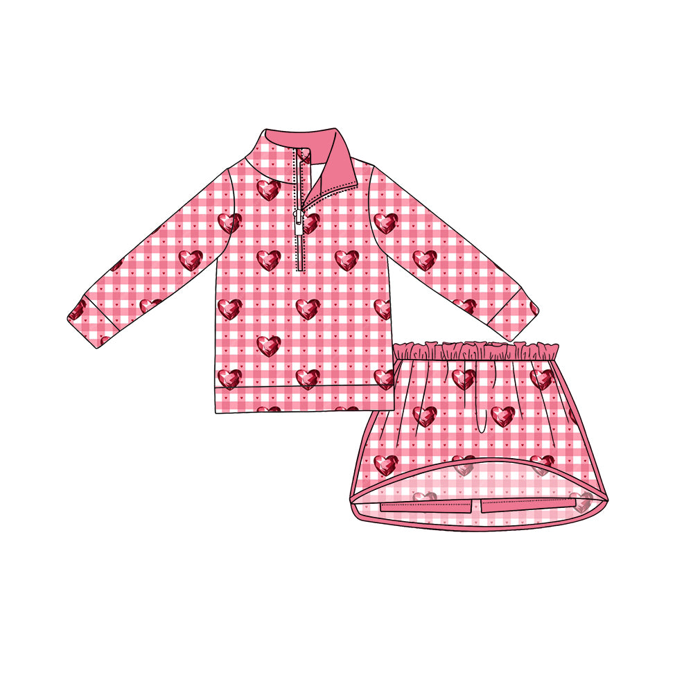 (Preorder new) No moq GLD1752 Baby Girls Checked Heart Print Zip Pullover Skirt Short Valentines Day Outfits