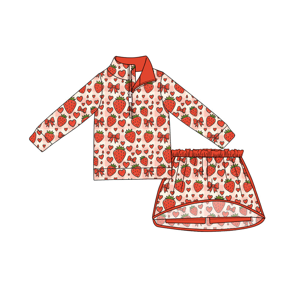 (Preorder new) No moq Baby Girls Hearts Strawberry Bows Zip Pullover Skirt Short Valentines Set Dress Blanket