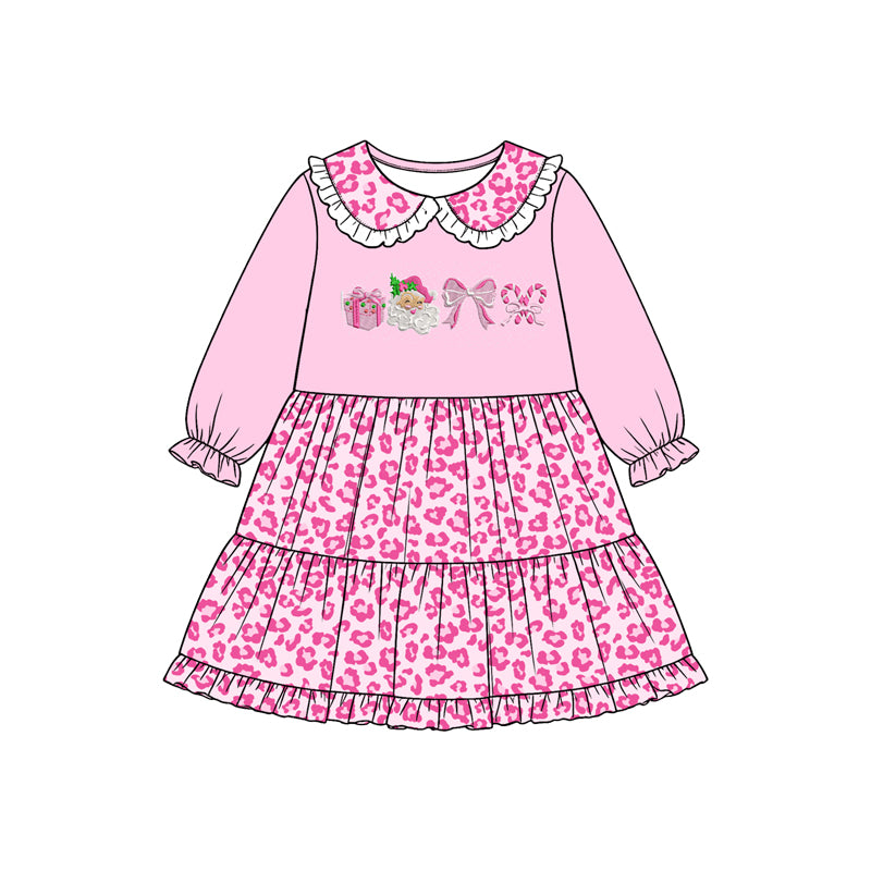 (Preorder new) No moq Baby Girls milk silk Christmas leopard print Ruffled Collar long sleeve sets dress romper