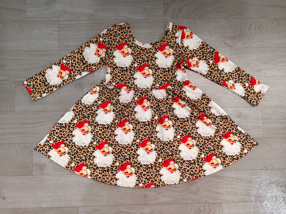 (Sample) No moq milk silk GLD1761 Baby Girls Long Sleeve Leopard Santa Christmas Knee Length Dress