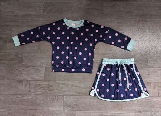 (Sample) No moq milk silk GLD1762 Baby Girls Navy Pink Polka Dot Long Sleeve Sweatshirt And Drawstring Skort Set