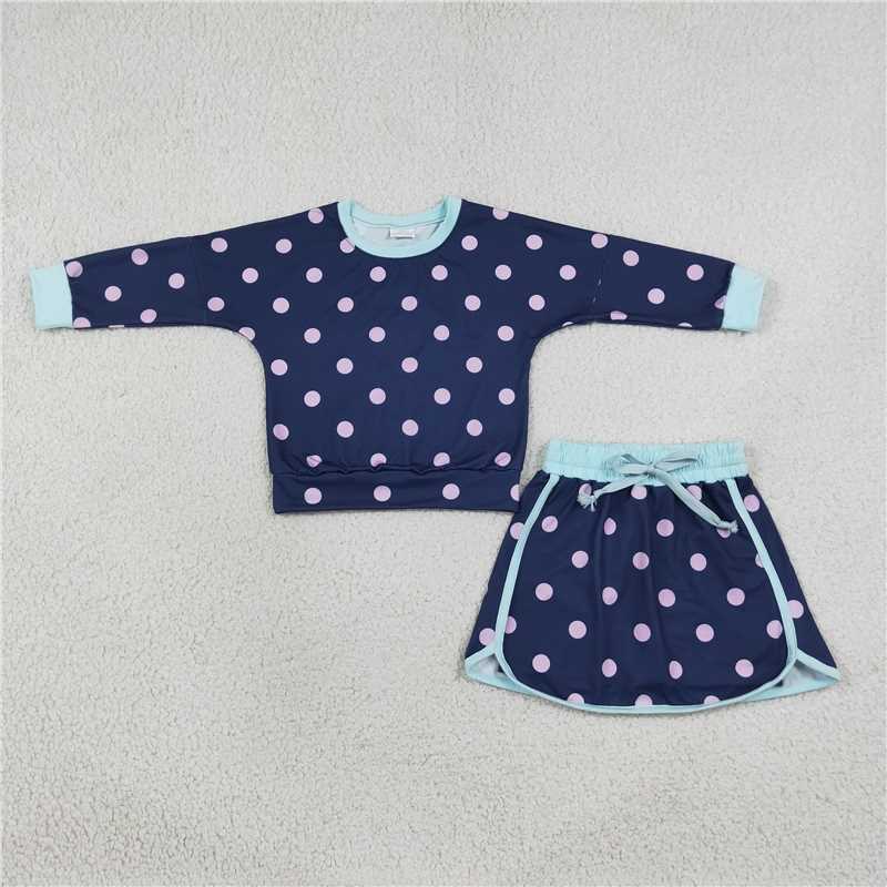 RTS NO MOQ Sibling milk silk Baby Girls Polka Dot Long Sleeve Top Drawstring Skirt Short Set
