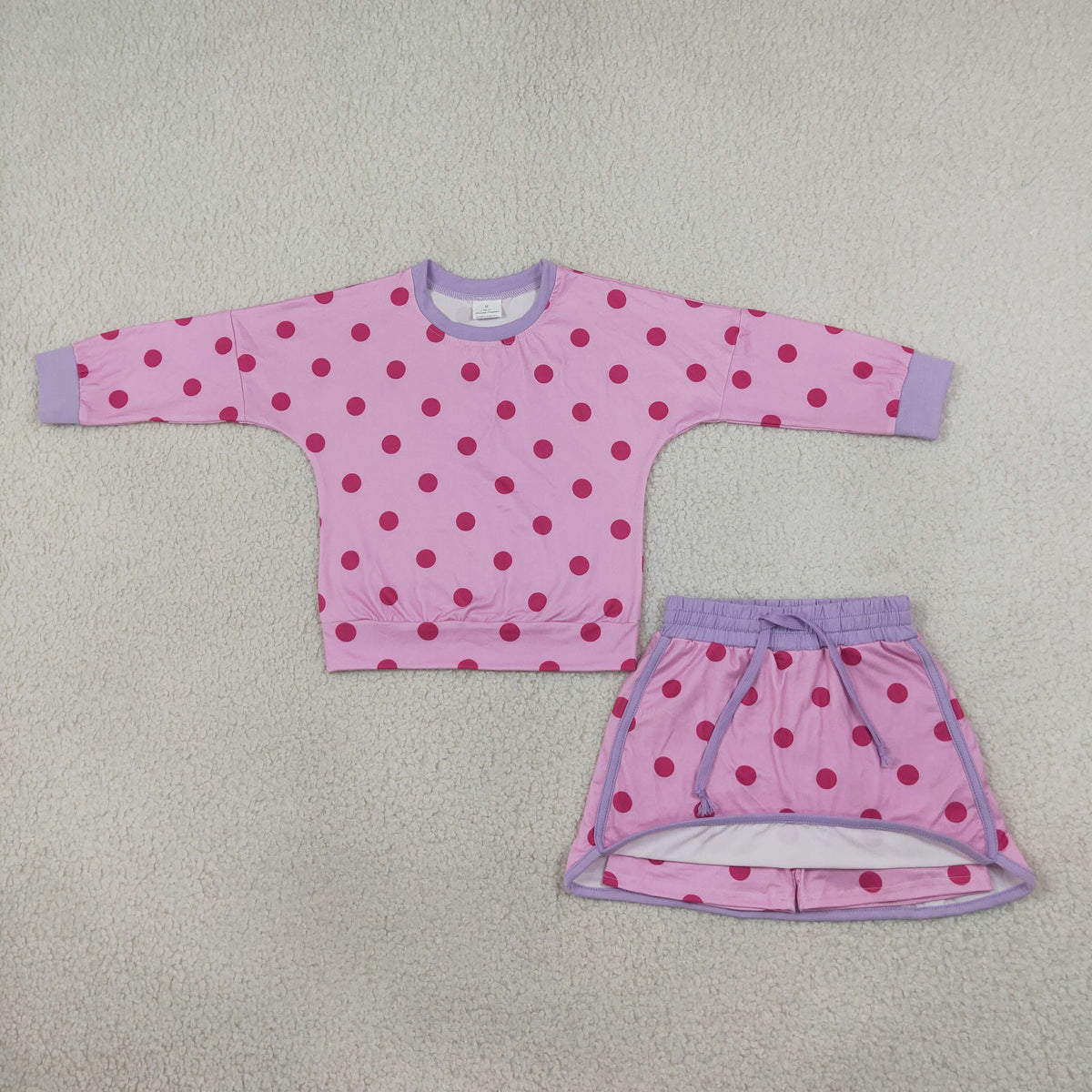 NEW RTS NO MOQ milk silk GLD1763 Baby Girls Pink Polka Dot Long Sleeve Top Drawstring Skort Set