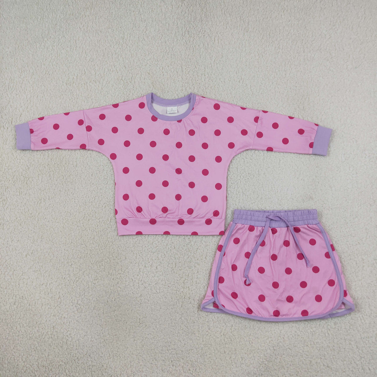 NEW RTS NO MOQ milk silk GLD1763 Baby Girls Pink Polka Dot Long Sleeve Top Drawstring Skort Set