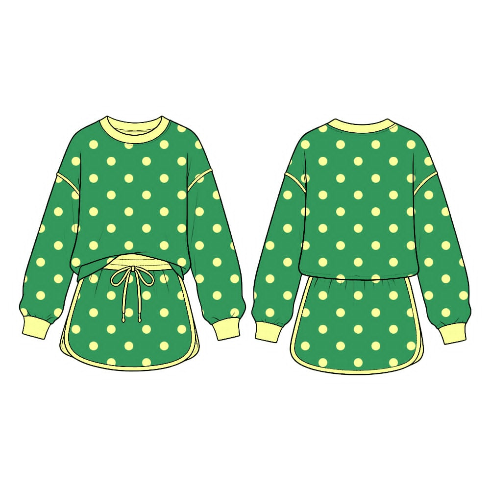 (Preorder new) No moq GLD1764 Baby Girls Green Polka Dot Long Sleeve Sweatshirt And Drawstring Skort Set