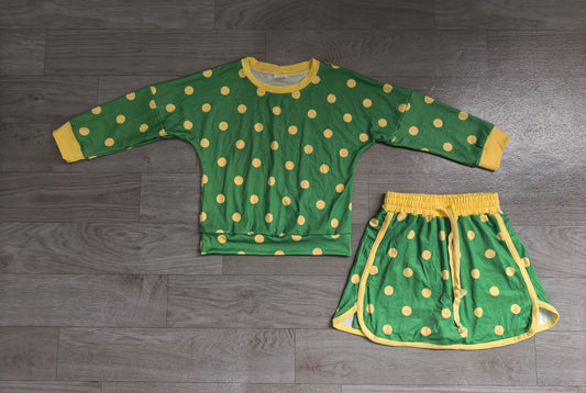 (Sample) No moq milk silk GLD1764 Baby Girls Green Polka Dot Long Sleeve Sweatshirt And Drawstring Skort Set