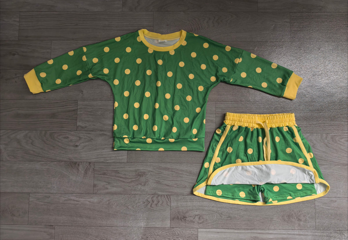 (Sample) No moq milk silk GLD1764 Baby Girls Green Polka Dot Long Sleeve Sweatshirt And Drawstring Skort Set