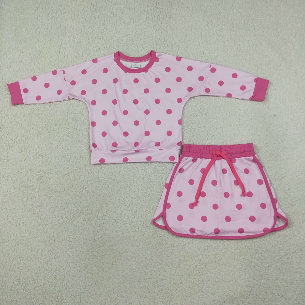 RTS NO MOQ Sibling milk silk Baby Girls Polka Dot Long Sleeve Top Drawstring Skirt Short Set
