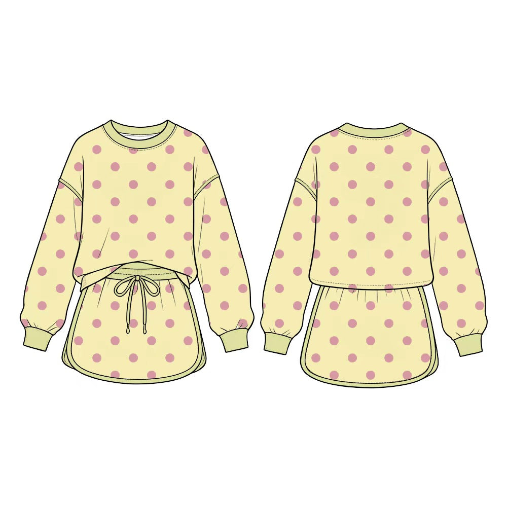 (Preorder new) No moq GLD1766 Baby Girls Yellow Polka Dot Long Sleeve Sweatshirt And Drawstring Skort Set