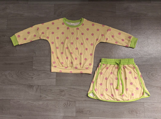 (Sample) No moq milk silk GLD1766 Baby Girls Yellow Polka Dot Long Sleeve Sweatshirt And Drawstring Skort Set