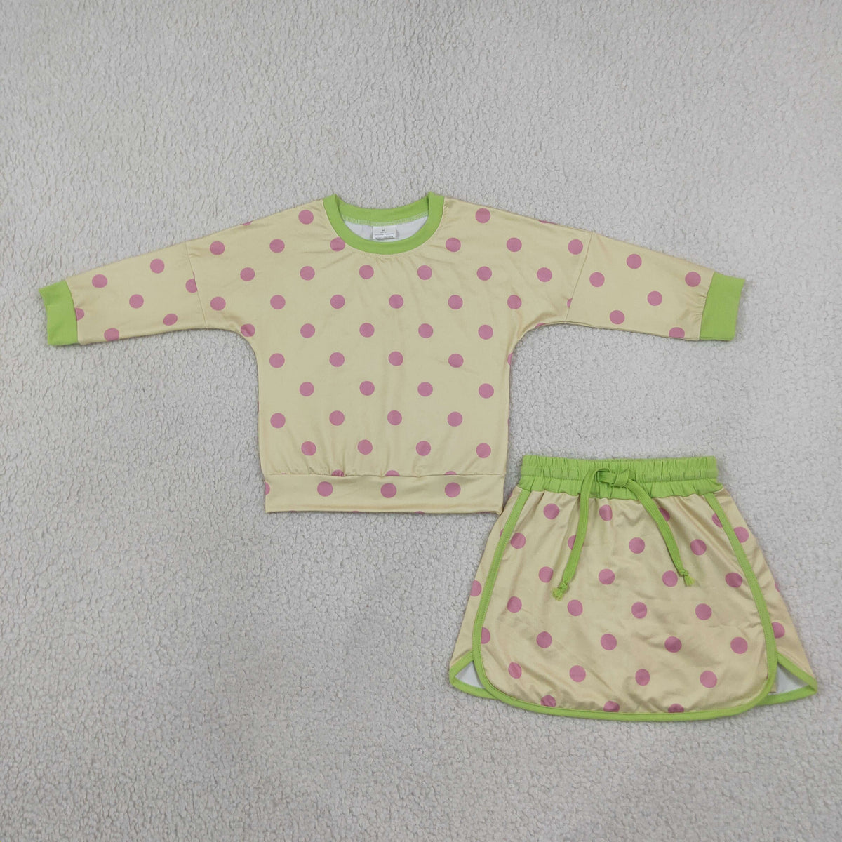 RTS NO MOQ Sibling milk silk Baby Girls Polka Dot Long Sleeve Top Drawstring Skirt Short Set