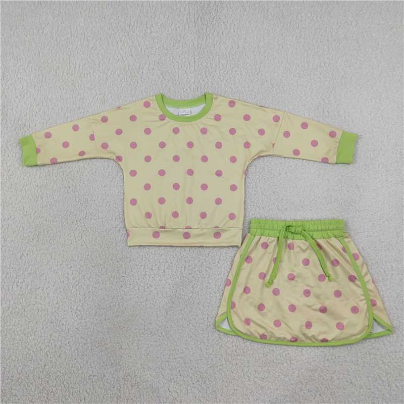 RTS NO MOQ Sibling milk silk Baby Girls Polka Dot Long Sleeve Top And Skort Matching Outfit Set