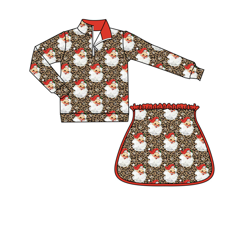 (Preorder new) No moq GLD1770 Baby Girls Leopard Santa Zip Pullovers Skirt Shorts Christmas Clothes Set Fall Winter Outfit