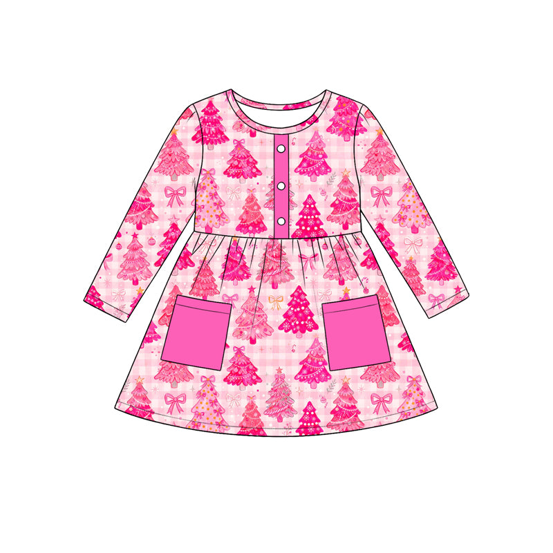 (Preorder new) No moq Baby Girls Pink Checked Bows Trees Button Top Pant Christmas Pajamas Set Sleepwear Outfit Dress Newborn Rompers