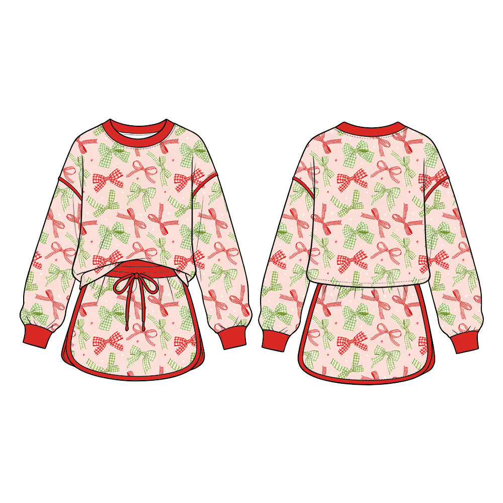 (Preorder new) No moq Baby Girls Bows Print  Long Sleeve Top Skirt Short Clothes Set Fall Casual Outfit