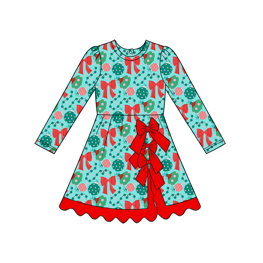 (Preorder new) No moq Baby Girls Bow Christmas Santa Gingerbread Print Long Sleeve Kids Dress