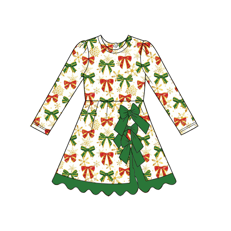 (Preorder new) No moq Baby Girls Bow Christmas Santa Gingerbread Print Long Sleeve Kids Dress