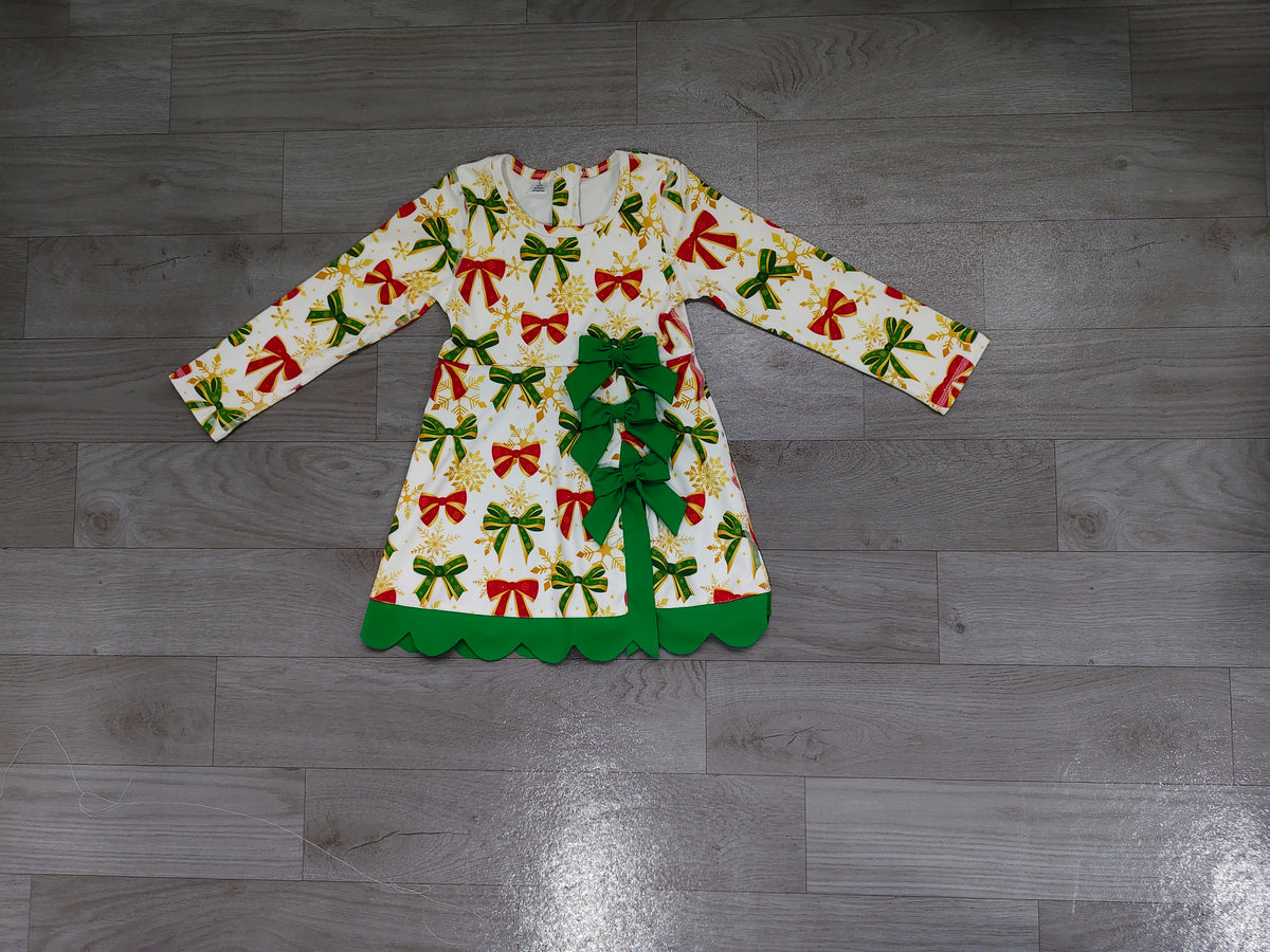 (Sample) No moq yoga fabric GLD1781 Yoga Baby Girls Green Red Bows Christmas Yoga Active Short Scallop Knee Length Dress