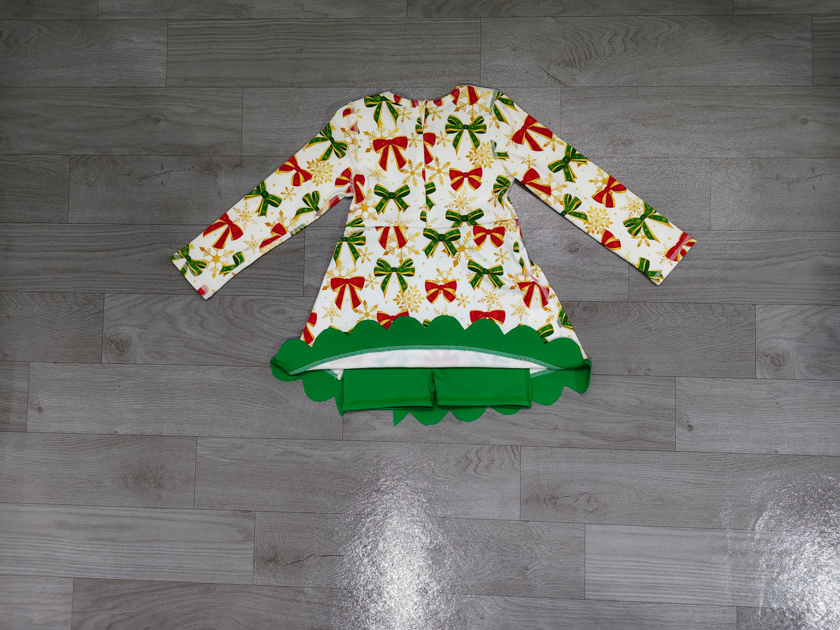 (Sample) No moq yoga fabric GLD1781 Yoga Baby Girls Green Red Bows Christmas Yoga Active Short Scallop Knee Length Dress