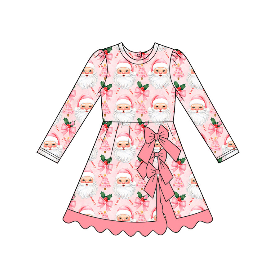 (Preorder new) No moq Baby Girls Bow Christmas Santa Gingerbread Print Long Sleeve Kids Dress