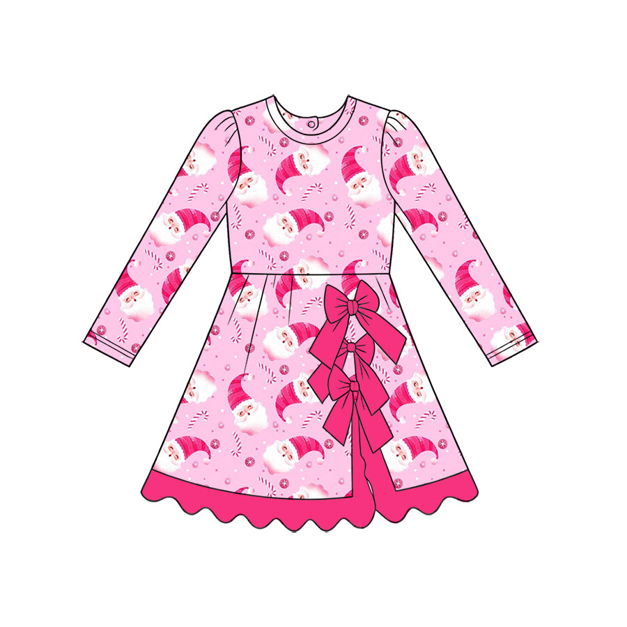 (Preorder new) No moq Baby Girls Bow Christmas Santa Gingerbread Print Long Sleeve Kids Dress