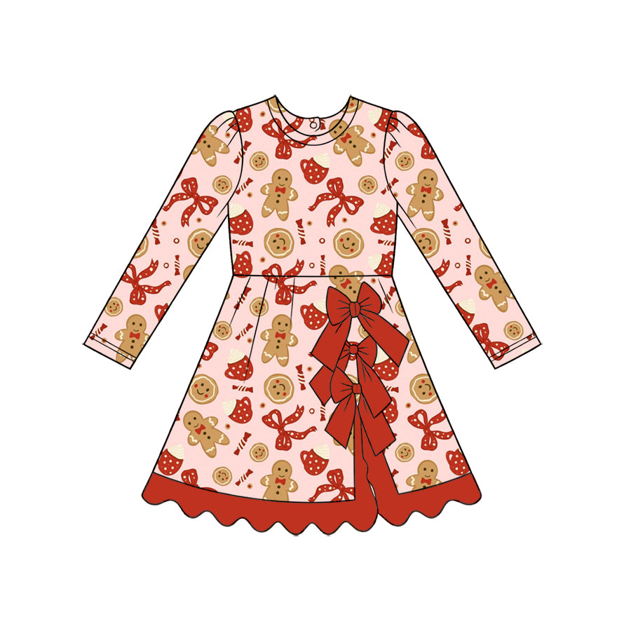 (Preorder new) No moq Baby Girls Bow Christmas Santa Gingerbread Print Long Sleeve Kids Dress