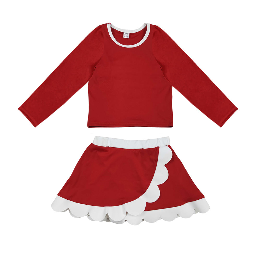 (Preorder new) No moq Yoga Baby Girls Solid Long Sleeve Crew Neck Top And Scallop Wrap Skirt Set