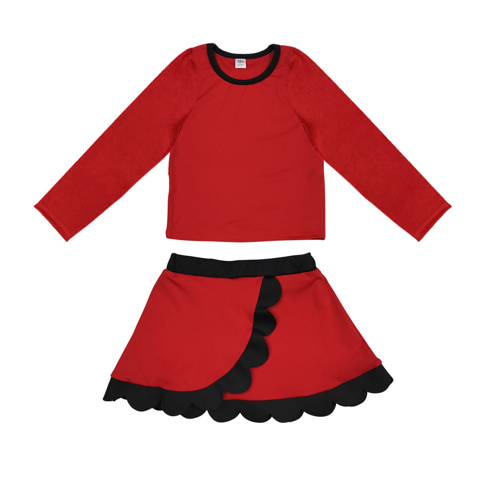 (Preorder new) No moq Yoga Baby Girls Solid Long Sleeve Crew Neck Top And Scallop Wrap Skirt Set
