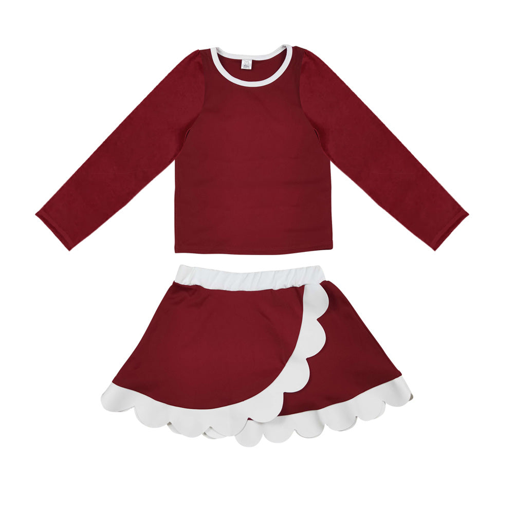 (Preorder new) No moq Yoga Baby Girls Solid Long Sleeve Crew Neck Top And Scallop Wrap Skirt Set