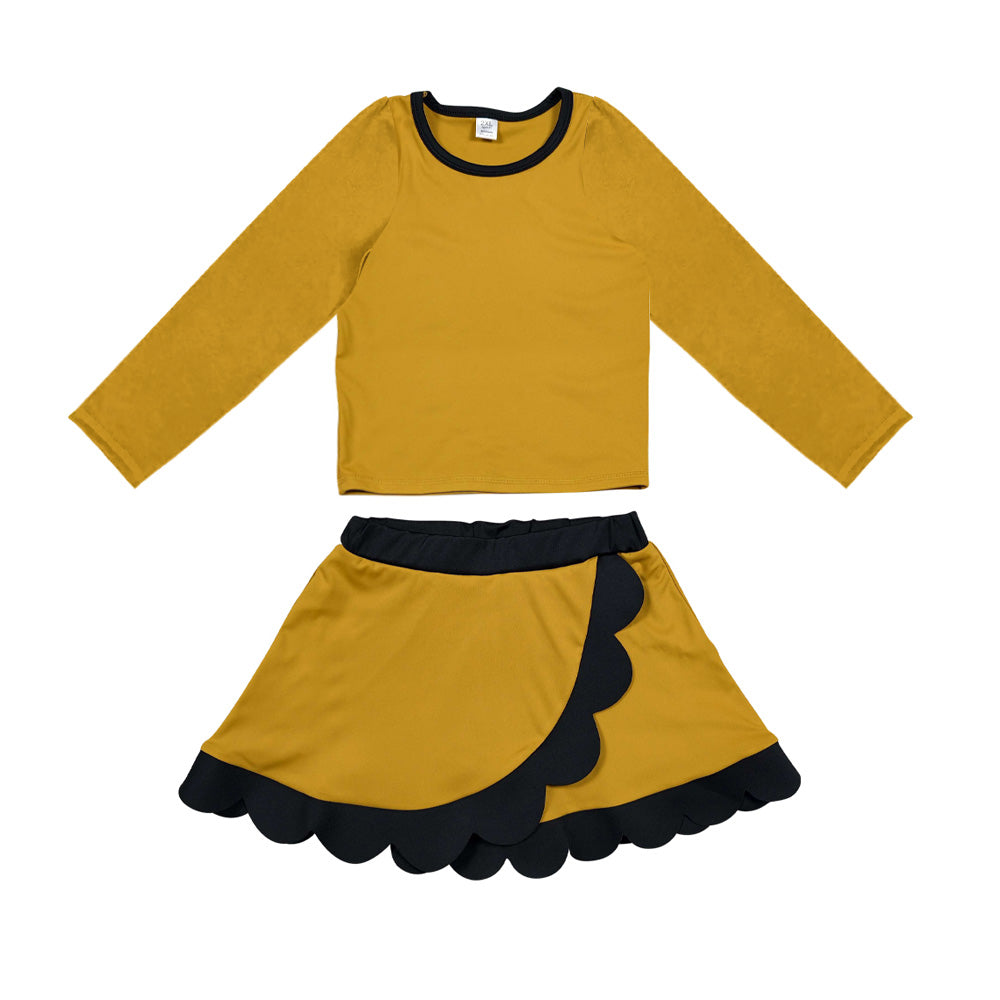 (Preorder new) No moq Yoga Baby Girls Solid Long Sleeve Crew Neck Top And Scallop Wrap Skirt Set