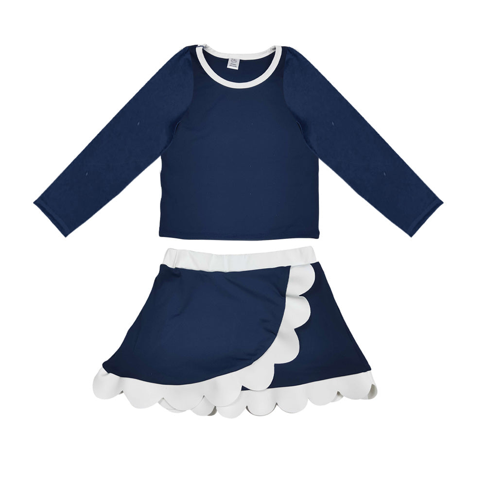 (Preorder new) No moq Yoga Baby Girls Solid Long Sleeve Crew Neck Top And Scallop Wrap Skirt Set