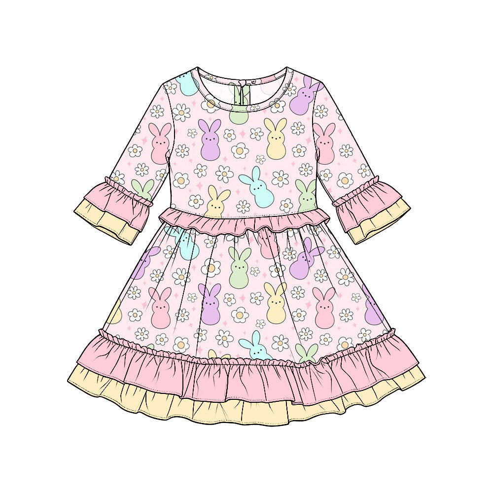 (Preorder new) No moq Baby Girls Bunny Daisy Print Tiered Ruffle Long Sleeve Dress And Baby Ruffle Trim Romper Easter Spring Matching Outfit Set