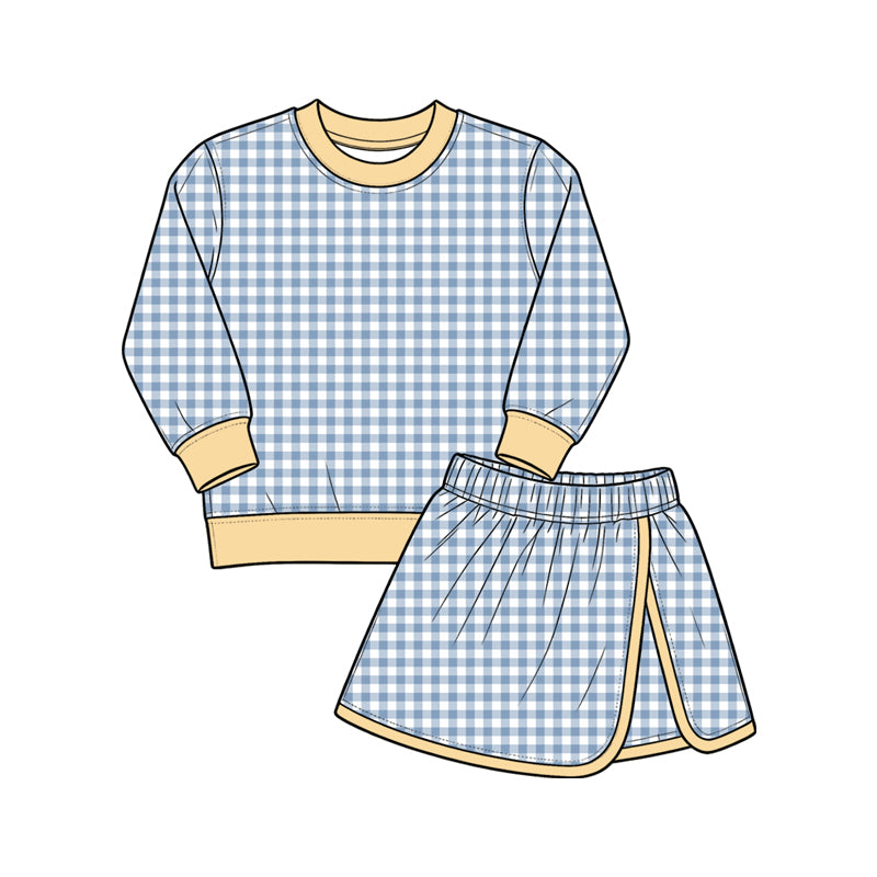 (Preorder new) No moq Yoga Baby Girls Plaid Long Sleeve Sweatshirt And Contrast Trim Wrap Skort Fall Casual Clothes Set
