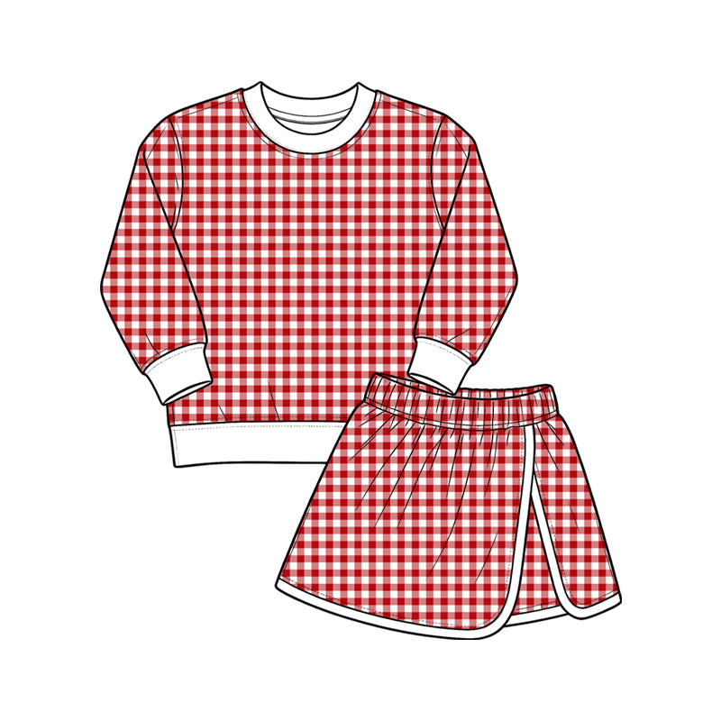 (Preorder new) No moq Yoga Baby Girls Plaid Long Sleeve Sweatshirt And Contrast Trim Wrap Skort Fall Casual Clothes Set